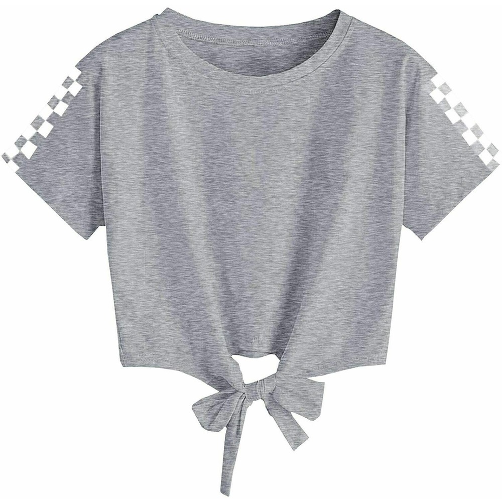 Girls Casual Crew Neck T-Shirts Short Sleeve Solid Color Plaid Hem Tie 13-14Y